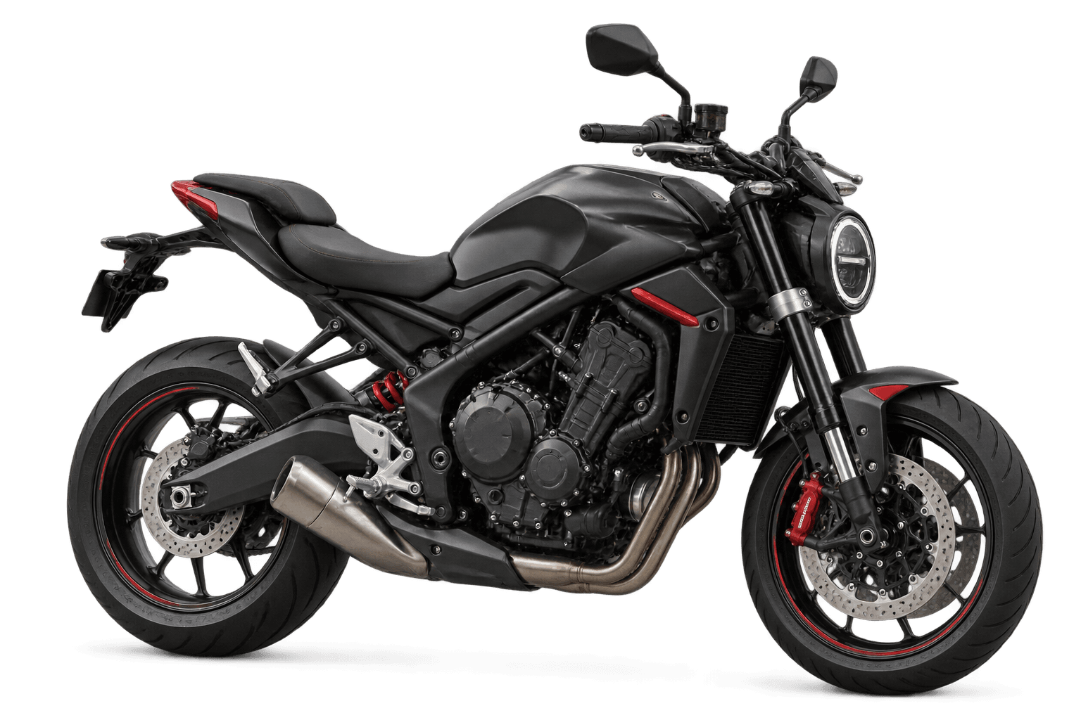 Moto roadster noire vue de trois quarts